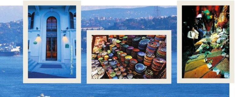 Grand Bazaar stalls and the mirrored Blue Mosque in Istanbul